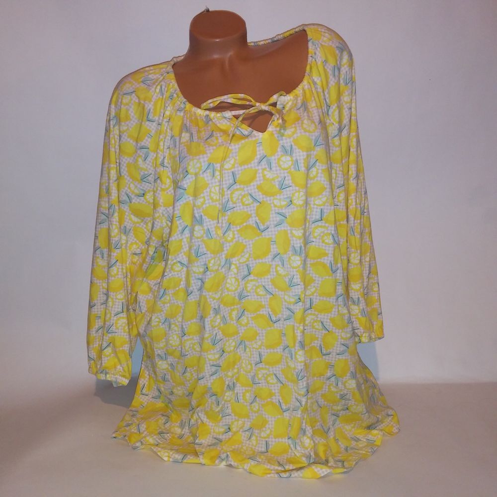 Lands End Blouse Womens Plus Size 2X 20W 22W Yellow Lemons Checkered 3/4 Sleeve